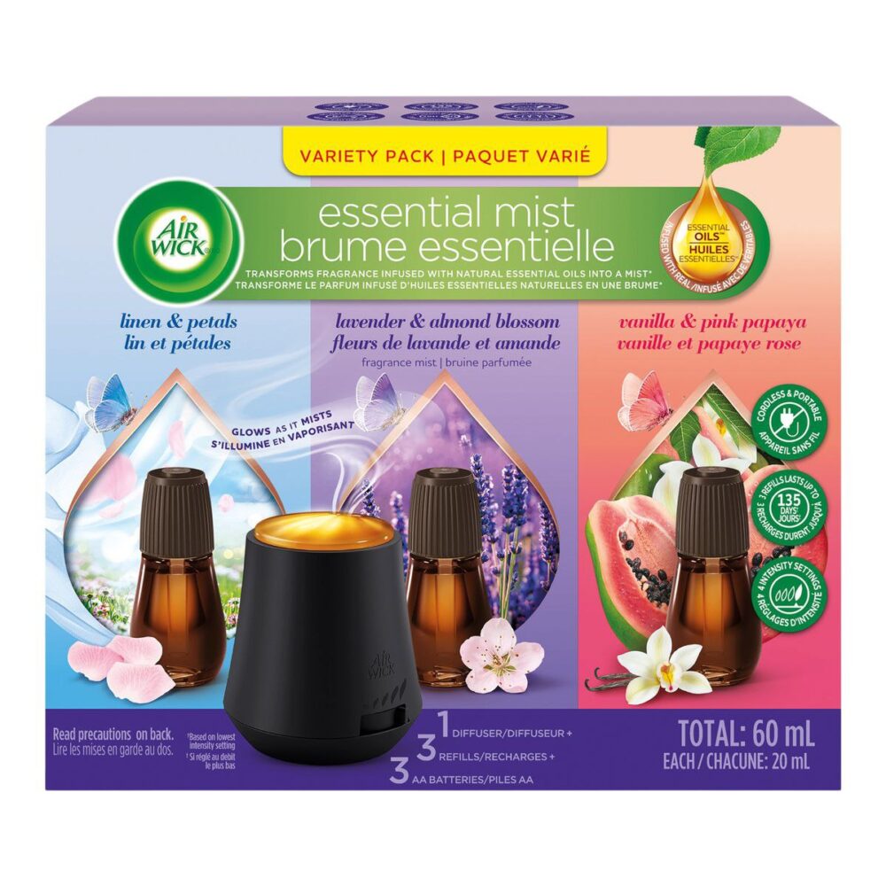 Airwick Essential Mist Variety Pack, 1 Diffuser & 3 Refills